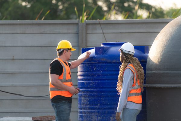 Architect and engineer with experience in multi-story building construction, Inspecting the water system in a construction building.